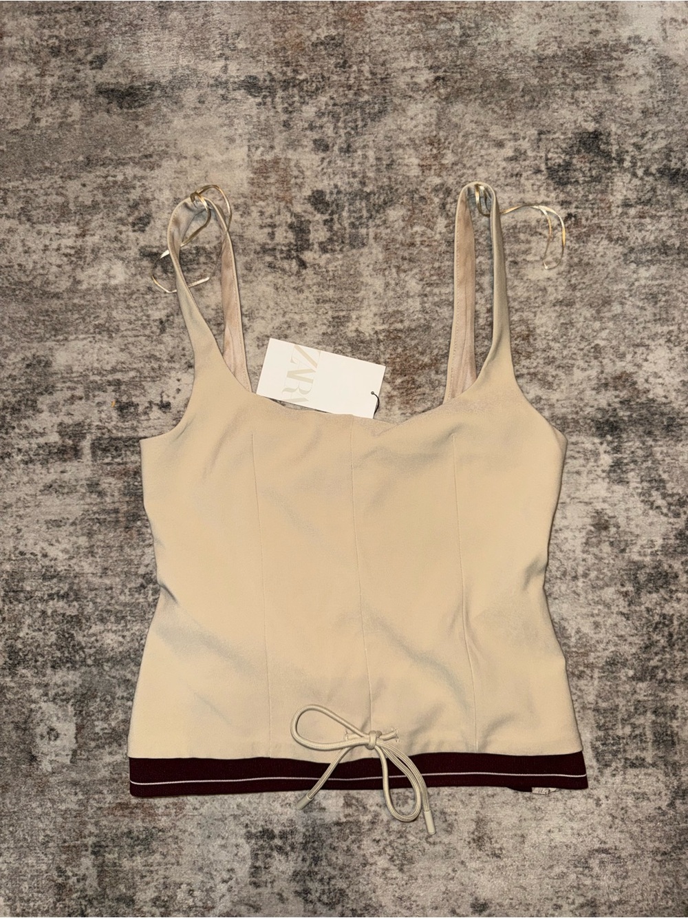 Zara Cream Tank Top with Burgundy Hem and Front Tie